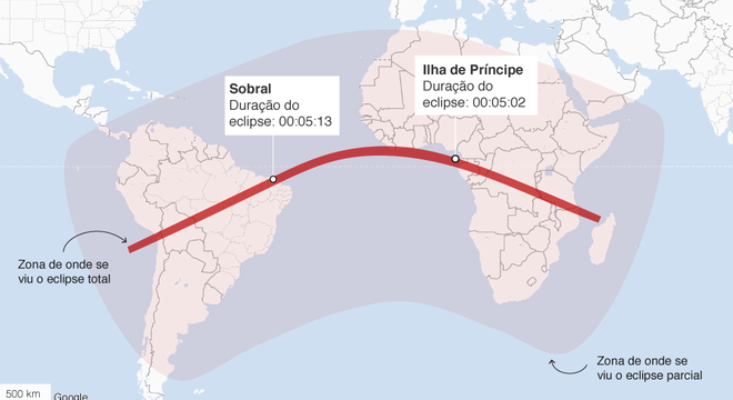 Mapa da trajetória do eclipse