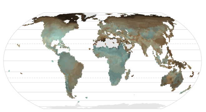 Mapa de distribuição das cores de ovos elaborado com base nos dados de 634 espécies em todas as regiões 