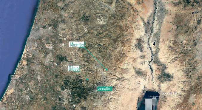 Mapa de Israel mostra proximidade entre Micmás, Gibeá e Jesuralém