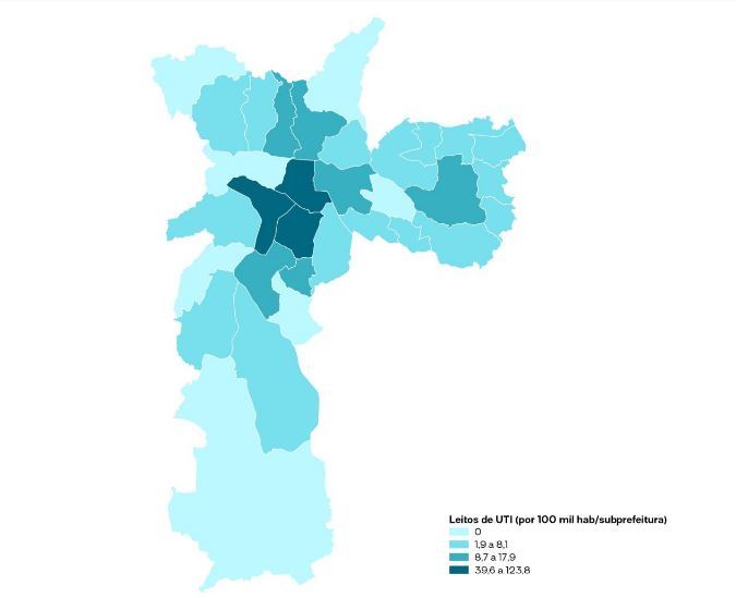 Distribuição dos leitos públicos de UTI por 100 mil habitantes/subprefeitura
