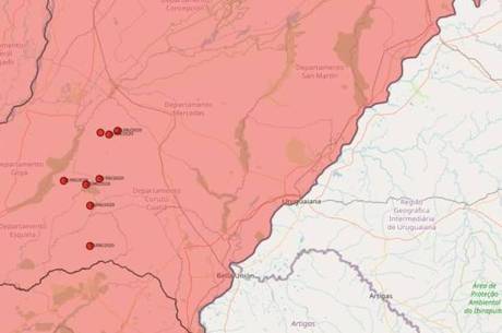 Pontos vermelhos (nuvens) no mapa estão na Argentina