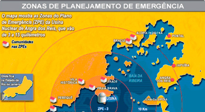  Mapa mostra diferentes raios de ação para o planejamento de emergência da Central Nuclear de Angra Energia que não produz carbono, mas gera lixo radioativo