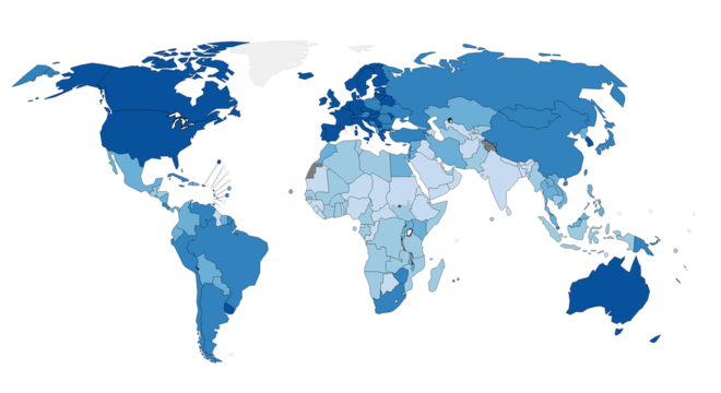 Mapa da Iarc mostra a incidência de câncer em cada país - quanto mais escuro o tom de azul, maior a incidência 