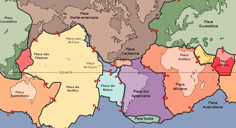 Mapa mostra que o Brasil está no centro de uma placa tectônica
