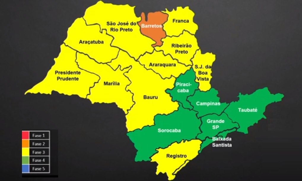 Mapa mostra as regiões que vão para a fase verde
