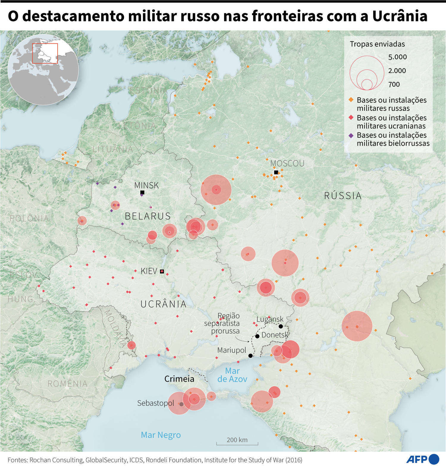 Mapa com o destacamento de tropas russas nas fronteiras com a Ucrânia e bases e instalações militares