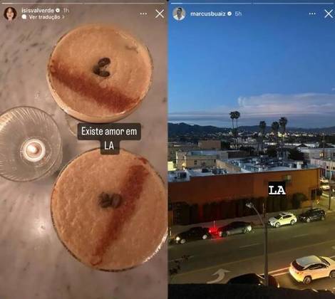No final de março, Isis publicou uma foto de um encontro romântico com Buaiz em Los Angeles, nos Estados Unidos, onde ela mora. A artista publicou uma foto de duas taças com café e uma vela. 'Existe amor em Los Angeles', disse ela. Marcus também fez uma publicação da cidade. Ele compartilhou uma foto da vista e marcou a localização de onde estava