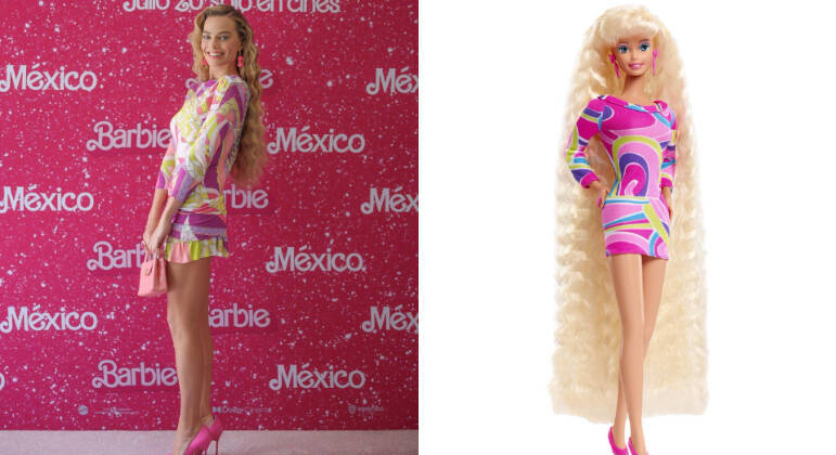 “TOTALMENTE CABELO”Em uma produção super a cara do verão, Margot copiou a versão Barbie da linha 'Totally Hair' (Totalmente Cabelo, em tradução livre) lançada em 1992 pela Mattel. O visual atualizado foi criado pela Emilio Pucci e contou com acessórios Chanel e saltos Manolo Blahnik