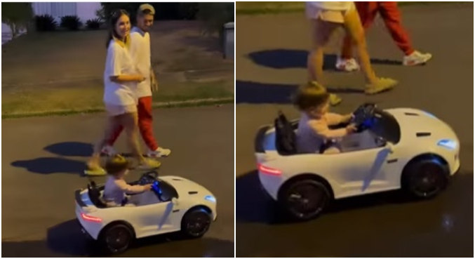  Maria Alice, de apenas 1 ano, 'dirigiu' o carro de brinquedo nas ruas do condomínio