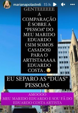 Mariana Polastreli fala sobre relação com Eduardo Costa
