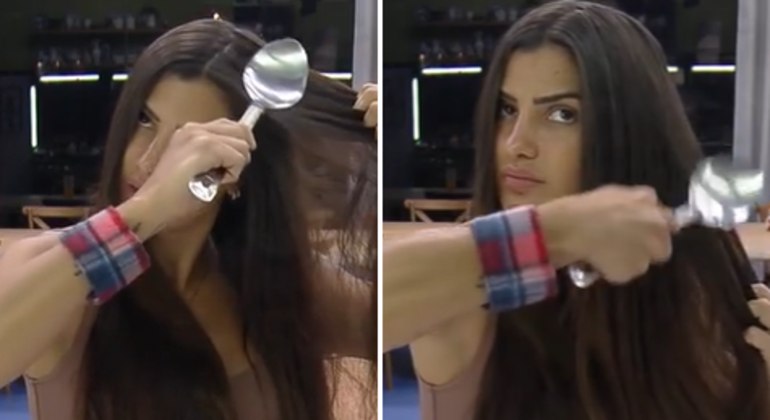 Marina Ferrari alisando o cabelo com colher de alumínio aquecida no fogão