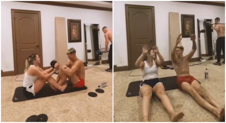 Marina Liberato também usa as redes sociais para compartilhar sua rotina de exercícios e dieta. Na hora dos treinos, Felipe acompanha a namorada 