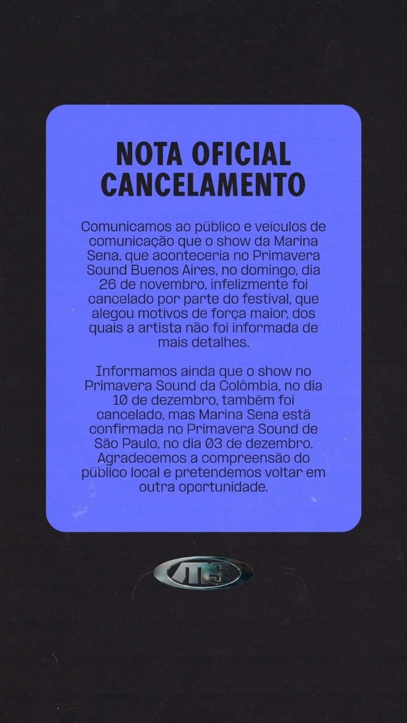 Nota sobre o cancelamento dos shows de Marina Sena na Argentina e na Colômbia
