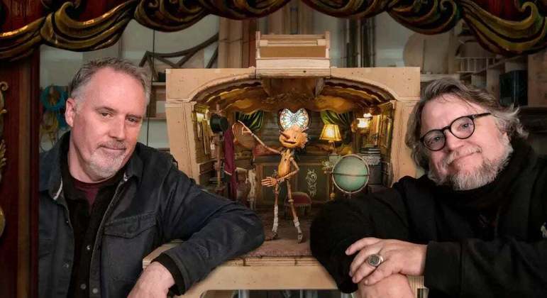 Mark Gustafson e Guillermo del Toro no set de Pinóquio