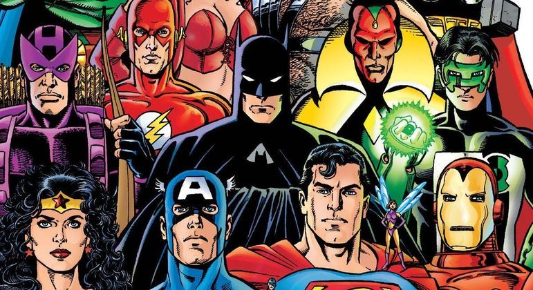 Arte de George Pérez para a minissérie 'Liga da Justiça/Vingadores'
