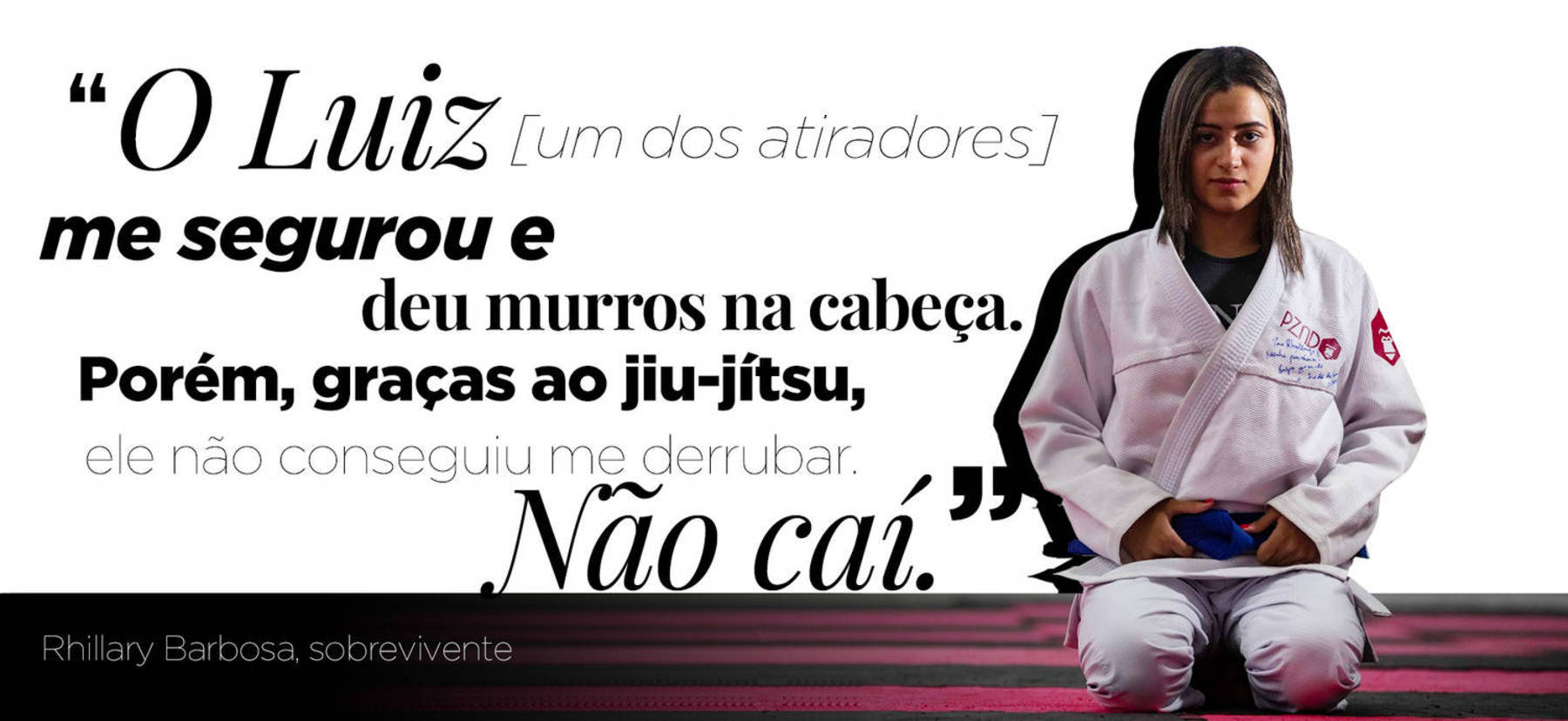 Rhillary Barbosa, estudante e lutadora de jiu-jítsu, ajudou a salvar os colegas durante o massacre (Arte/ R7)