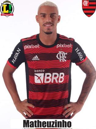 MATHEUZINHO - 5,5 - Partida regular. Apoiou bem o ataque no primeiro tempo, mas sumiu na etapa derradeira. Segue a sina da lateral direita do Flamengo. 