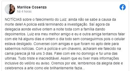 Amiga de Luiz Carlos confirmou morte do ator na web