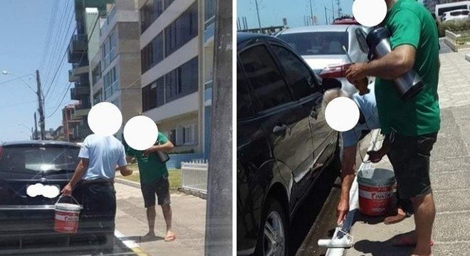 Dupla retirou a lata de tinta branca do próprio carro antes de pintar o meio-fio