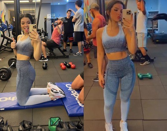 A artista também ataca de musa fitness e compartilha fotos do treino. Na última quarta-feira (20), ela foi malhar. 