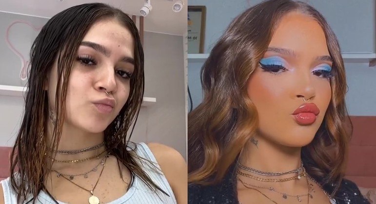 Mel Maia antes e depois de se maquiar