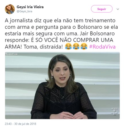A internauta tirou sarro da jornalista que perguntou sobre porte de armas.