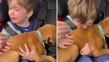 Menino se emociona ao abraçar seu cãozinho pela primeira vez