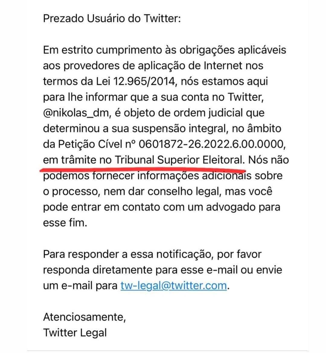 Nikolas Ferreira divulga aviso de suspensão de conta em rede social