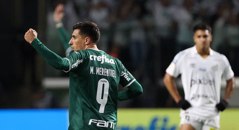 Merentiel comemora o gol marcado no clássico entre Palmeiras e Santos pelo Brasileirão