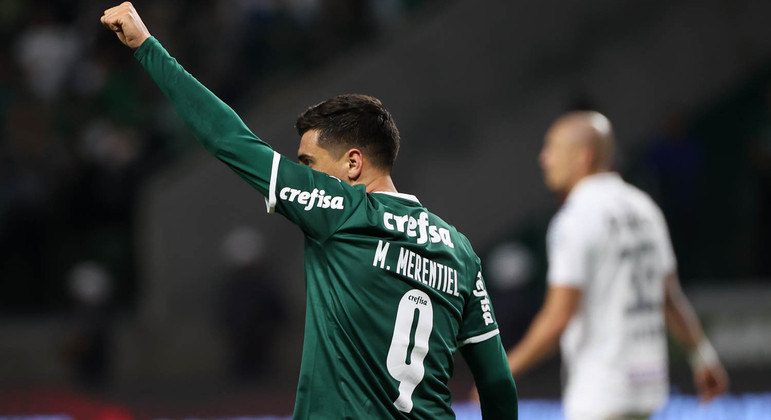 Merentiel comemora o gol da vitória marcado no duelo entre Palmeiras e Santos no Allianz