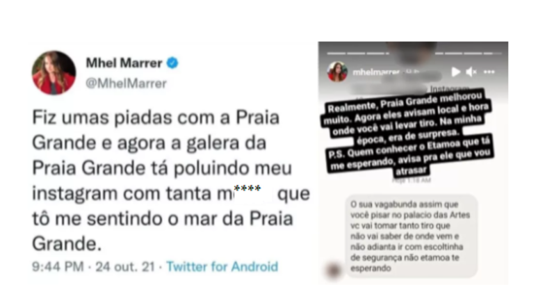 Post da humorista desaprovando novamente o município e a ameaça de morte recebida