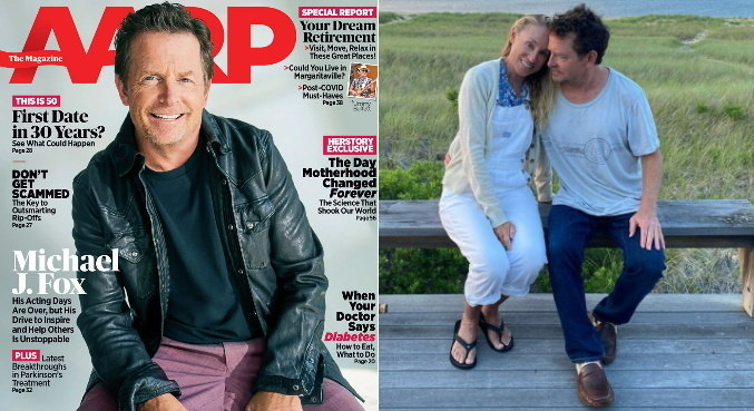 Michael J. Fox na capa da revista da AARP e, ao lado, com a mulher, Tracy Pollan
