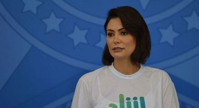 A presidente do Conselho do Pátria Voluntária, Michelle Bolsonaro, durante evento 