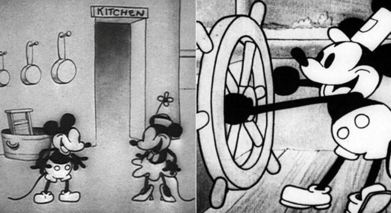 Mickey  (e Minnie) em seu primeiro desenho animado, 'Steamboat Willie'