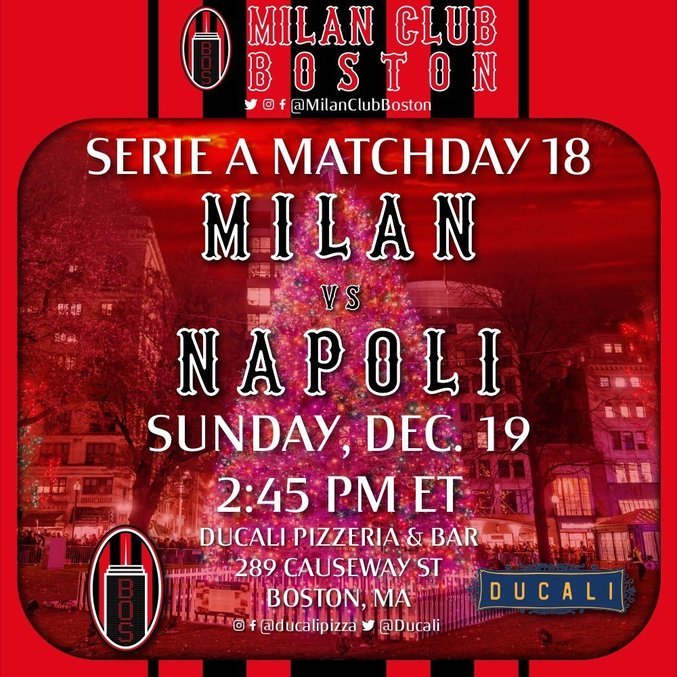O anúncio de uma pizzaria de Boston/EUA que exibirá o Milan X Napoli pela TV