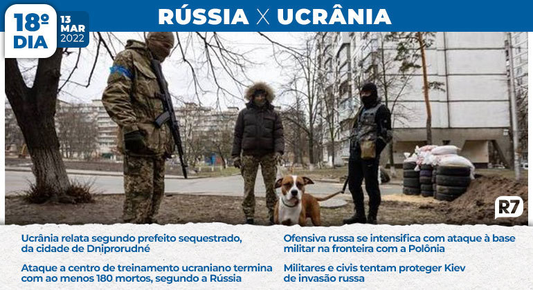 Militares e civis ucranianos se unem na capital, Kiev, para proteger a principal cidade do país, e o governo russo anuncia o segundo prefeito sequestrado, dessa vez, da cidade de Dniprorudné. Um ataque a centro de treinamento ucraniano termina com ao menos 180 mortos, segundo a Rússia