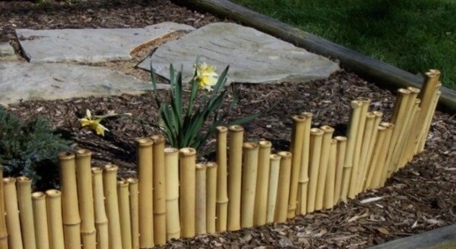 Mini cerca de bambu fixada no jardim