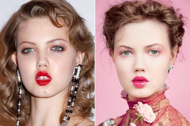 A americana Lindsey Wixson desfilou para grandes marcas como Chanel, Miu Miu e Versace Vanitas. O que atrai a atenção são seus lábios pequeninos, parecidos com o da Rainha Vermelha do desenho 