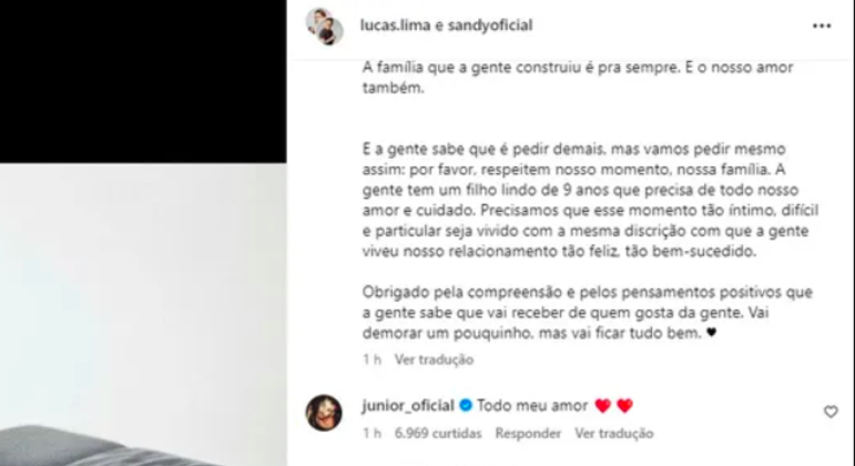 Xororó deixa mensagem para Sandy e Lucas Lima após anúncio de