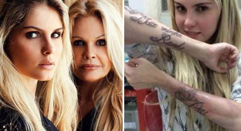 À direita, a tatuagem que Bárbara fez em homenagem aos pais em 2016