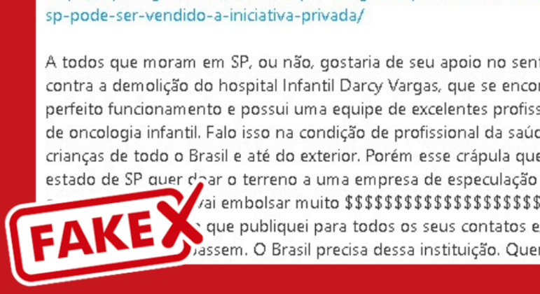 É falsa informação sobre venda do terreno e mudança de local de hospital infantil paulistano