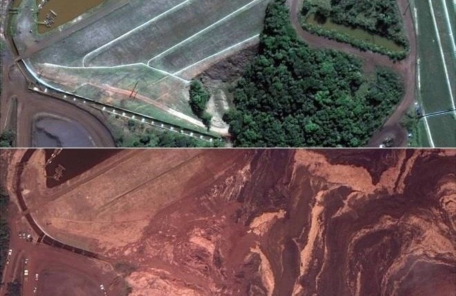 Imagens areas da agncia Reuters mostram adimenso da destruio, em decorrncia do rompimento da barragem de rejeitos da Vale, na regio de Brumadinho (MG). At as 11h desta segunda-feira, jso 60 mortos e 292 pessoas desaparecidaspor causa da tragdia, de acordo com os bombeiros