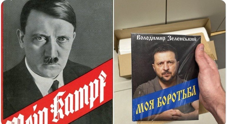 Montagem publicada na internet comparando a autobiografia de Hitler com um suposto livro de Zelenski