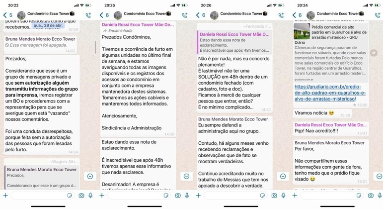 Troca de mensagens do condomínio em que a advogada Bruna Morato tem escritório