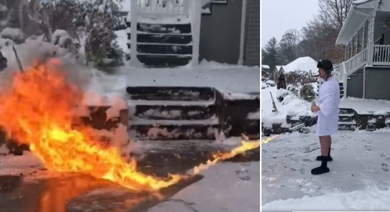 Morador usou lança-chamas para eliminar a neve da entrada de casa