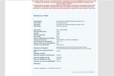 Informações oficiais sobre o helicóptero