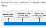 Em um post no blog oficial, a empresa afirma que em 17 de agosto de 2021, o navegador será oficialmente descontinuado. A versão web do Microsoft Teams, por exemplo, não mais funcionará no Internet Explorer 11