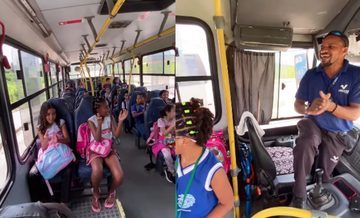 Motorista de ônibus escolar dá presentes e canta parabéns para crianças (Motorista de ônibus escolar dá presentes e canta parabéns para crianças; Vídeo)