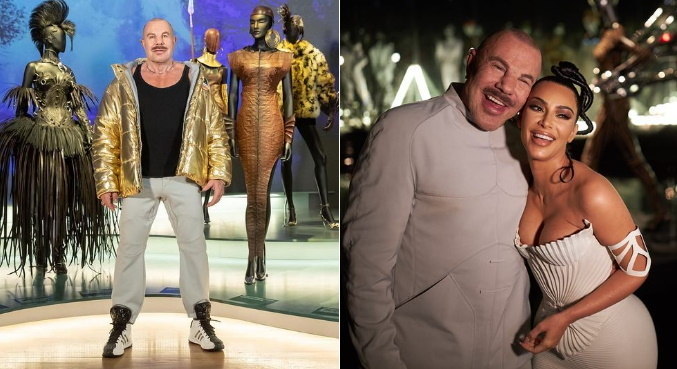 O estilista francês Manfred Thierry Mugler ao lado da empresária Kim Kardashian
