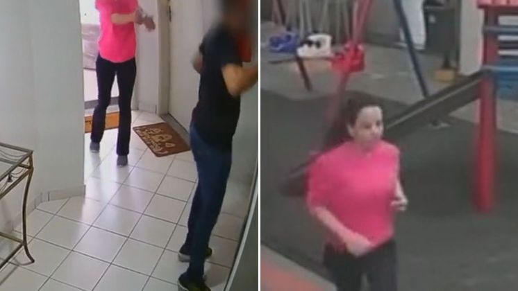 Câmeras de segurança flagraram o momento do disparo e depois da mulher fugindo